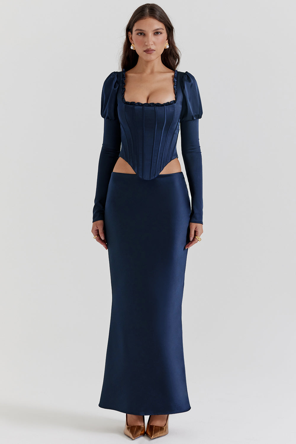 navy satin bias cut maxi skirt