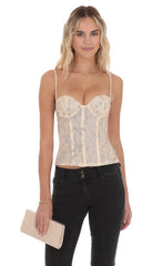 Corset Glitter Floral Top in Cream