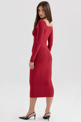 red bodycon knitted midi skirt