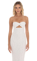 Strapless Textured Floral Twist Maxi Dress in White