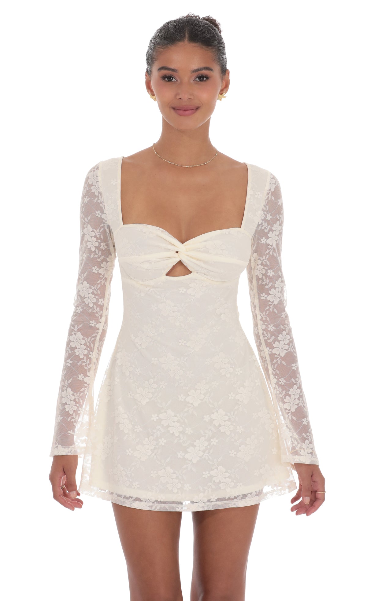 Lace Twist Cutout Dress in Cream
