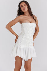 white strapless lace up mini dress