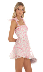 Shimmer Pink Floral Mini Dress in White
