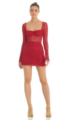 Sheer Mesh Long Sleeve Dress in Red