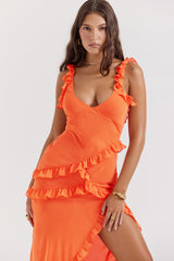 flame orange ruffle maxi dress