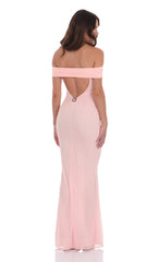 Mesh Shell Off Shoulder Maxi Dress in Pink