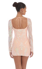 Iridescent Sequin Long Sleeve Dress in Peach