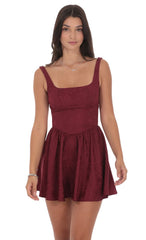 Floral Jacquard Open Back Bow Dress in Burgundy