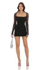 Pleated Mesh Bodycon Dress in Black