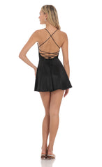 Two Toned Satin Fit and Flare Dress in Black