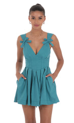 Double Bow A-Line Dress in Turquoise Blue