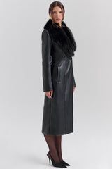 black faux fur trimmed vegan leather coat