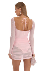Long Sleeve Mesh Dress in Light Pink
