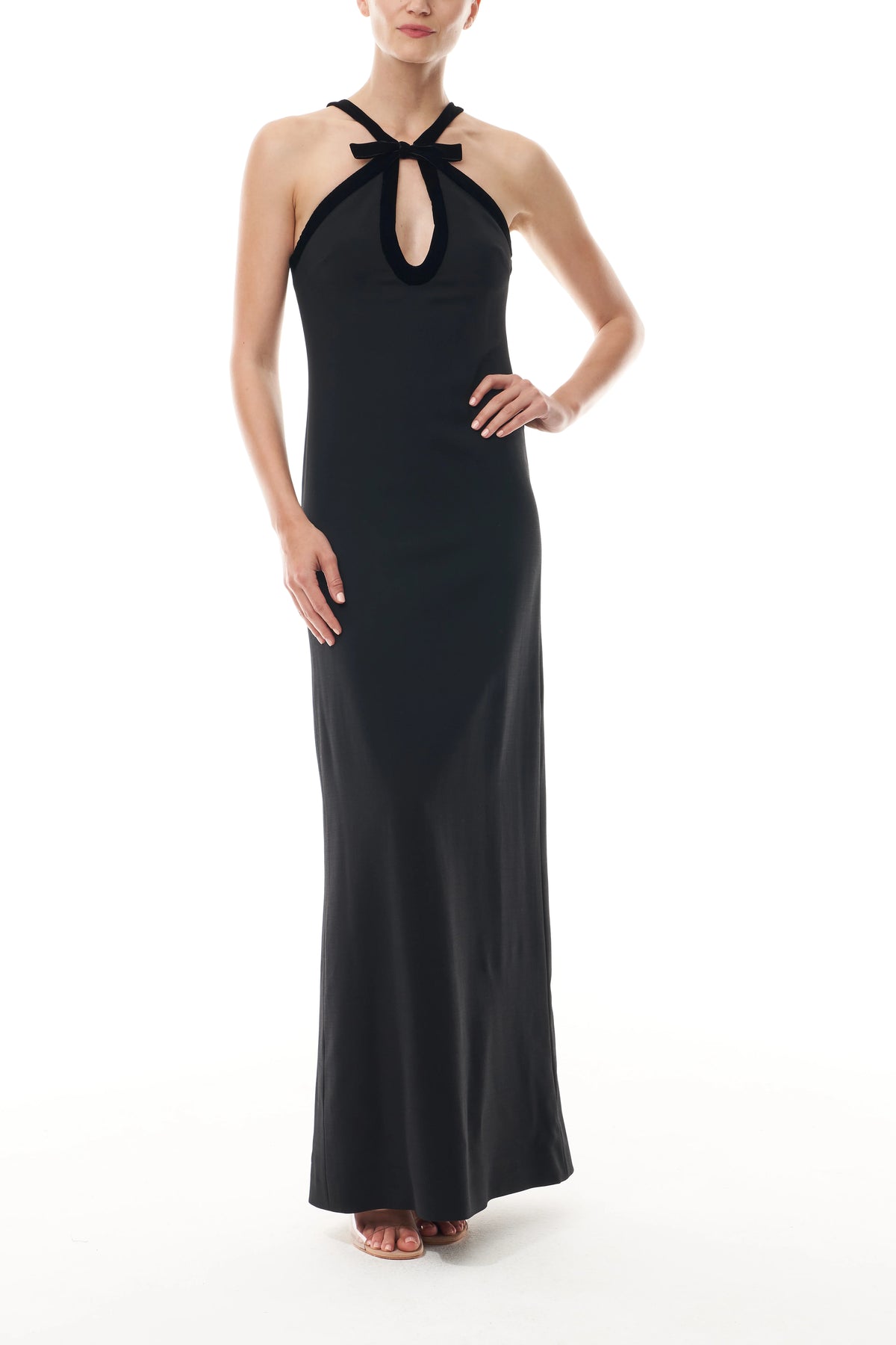 Keyhole Halter Gown With Velvet Trim
