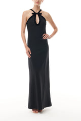 Keyhole Halter Gown With Velvet Trim