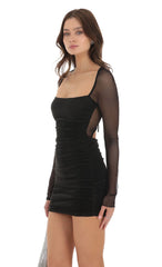 Pleated Mesh Bodycon Dress in Black