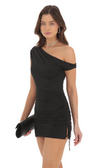 Off Shoulder Ruched Bodycon Dress in Black