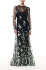 Long Sleeve Embroidered Tulle Gown