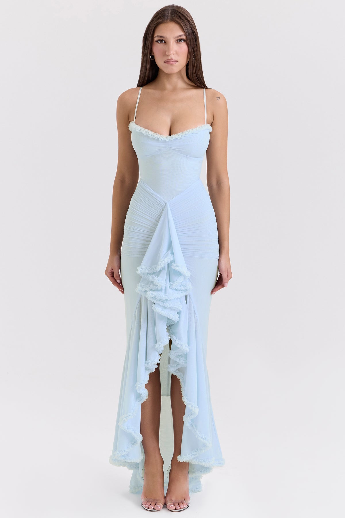 ice blue mesh ruffled front gown