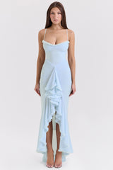 ice blue mesh ruffled front gown