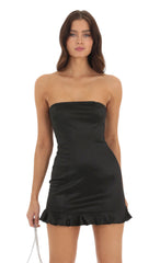 Satin Strapless Ruffle Dress in Black