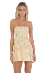 White Trim Floral Fit and Flare Dress in Yellow
