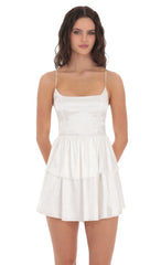 Satin Jacquard Ruffle Dress in White