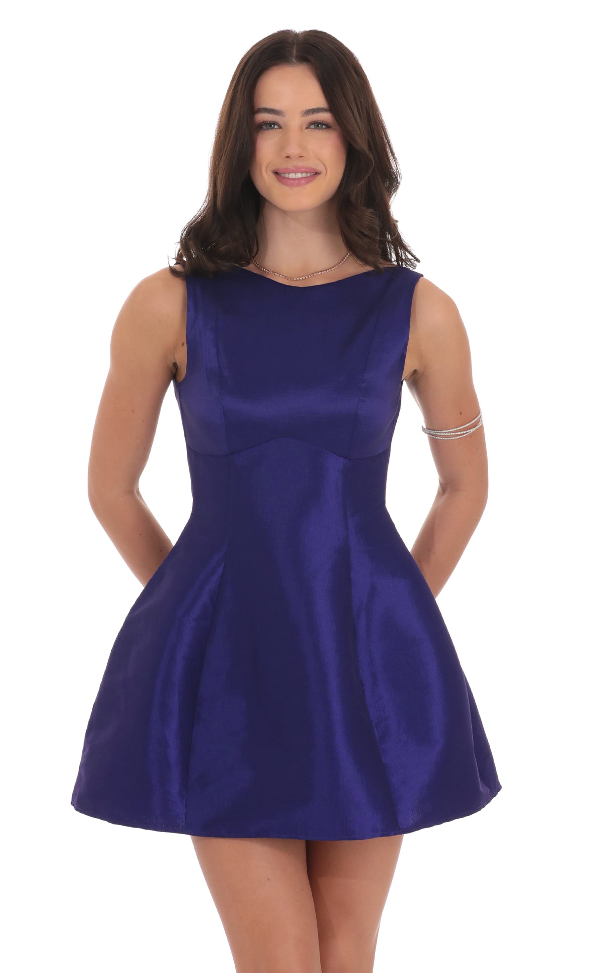 High Neck Open Back Flare Dress in Purple