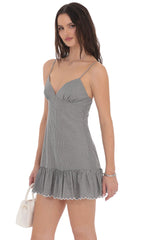 Pinstripe Scallop Ruffle Dress in Grey