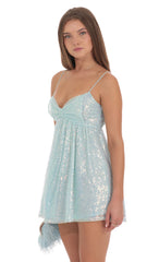 Sequin Front Bow Babydoll Dress in Seafoam Blue