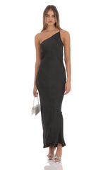 One Shoulder Pearl Satin Maxi Dress in Black