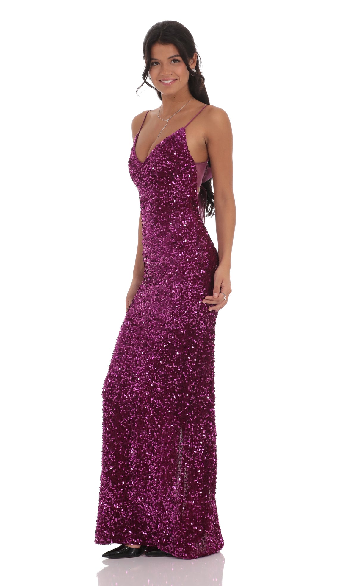 Velvet Sequin Back Bow Maxi Dress in Plum