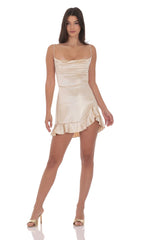 Foil Velvet Ruffled Slit Dress in Gold