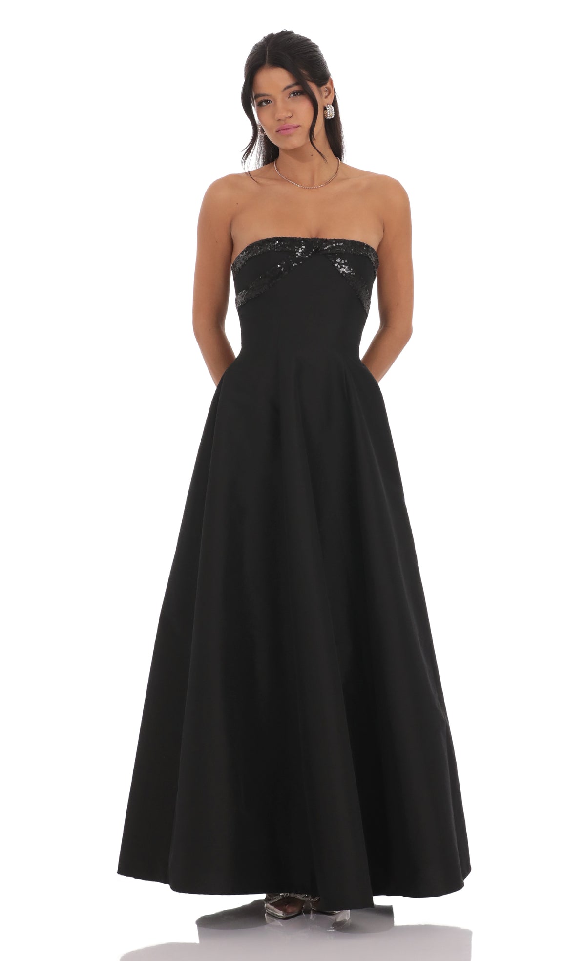 Sequin Draped Strapless Gown in Black