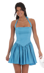 Satin Halter A-line Dress in Blue