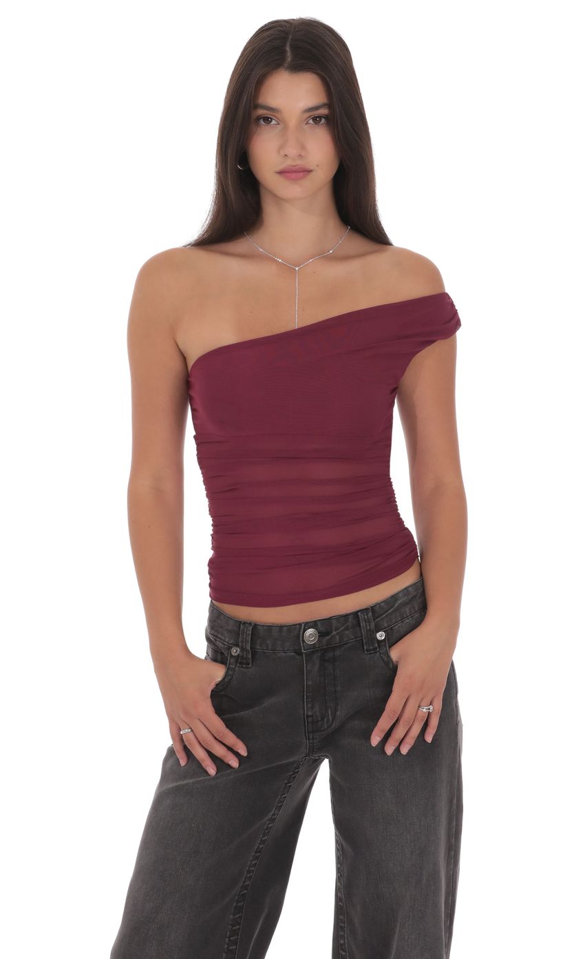 Sheer One Shoulder Top in Plum