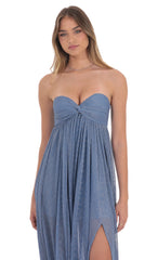 Pleated Shimmer Twist Maxi Dress in Blue