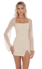 Mesh Lace Ruched Dress in Cream
