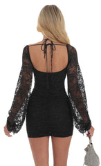 Shimmer Lace Ruched Long Sleeve Dress in Black