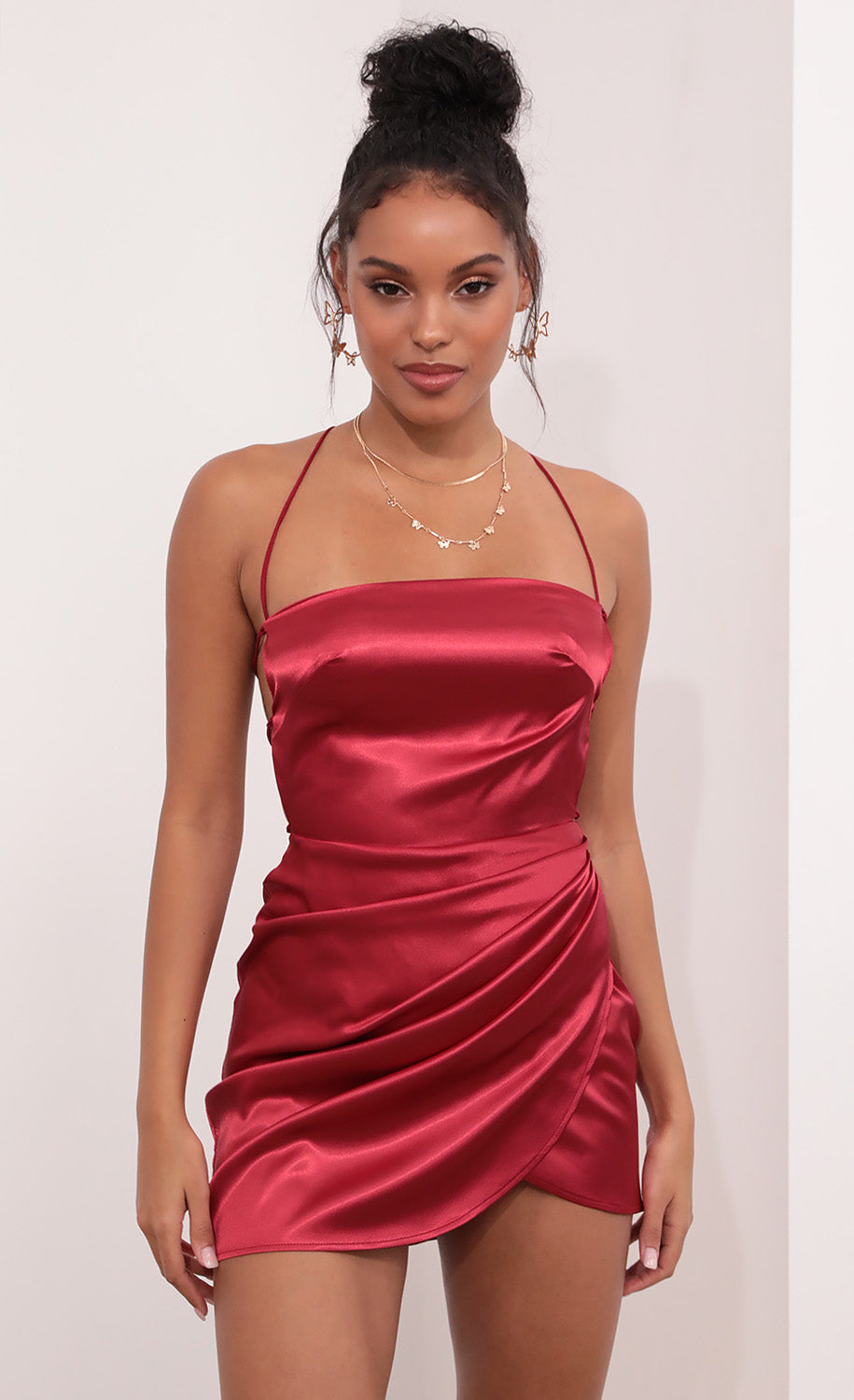 Mini Satin Dress in Wine