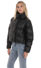 Faux Leather Puffer Jacket in Black