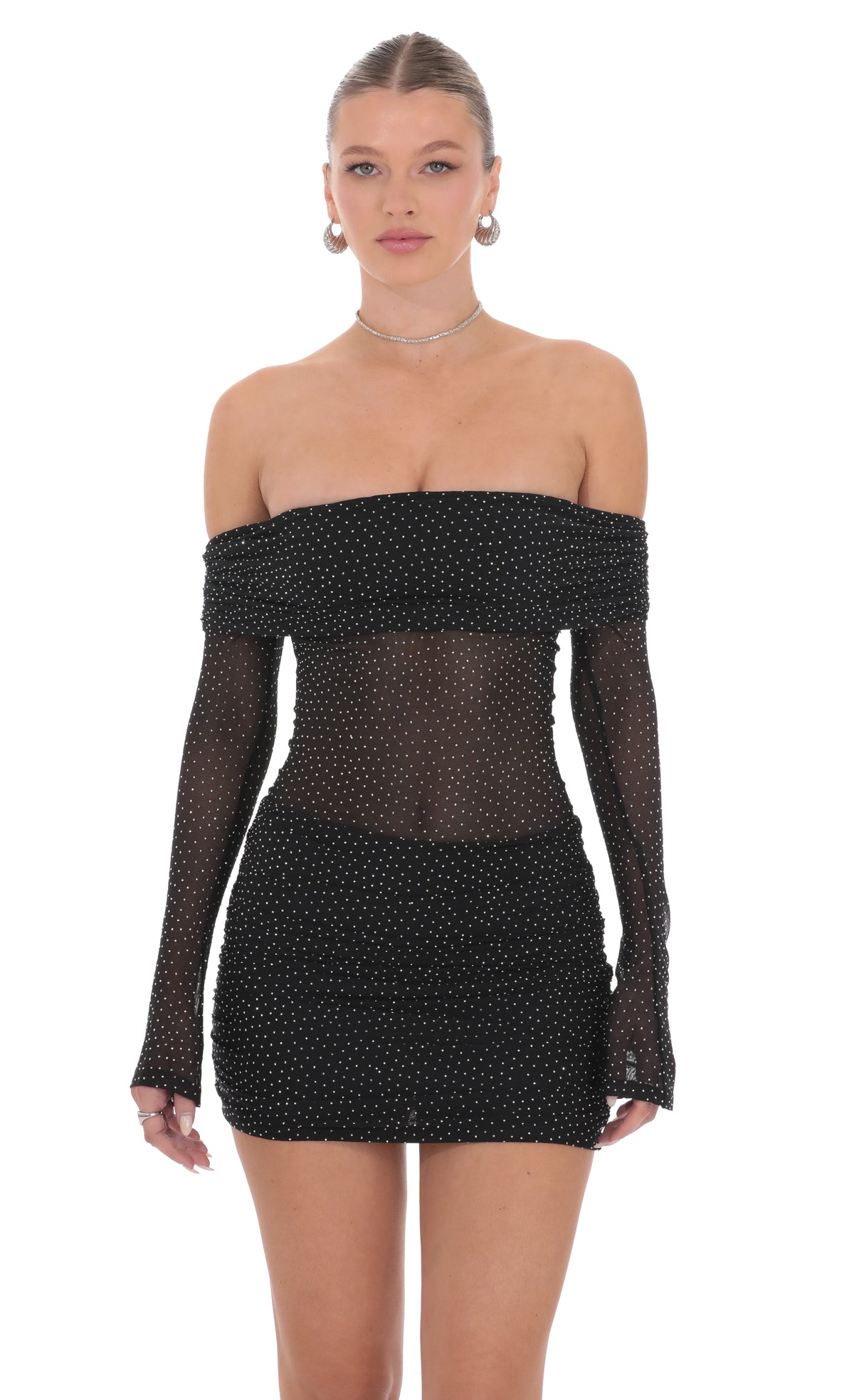 Rhinestone Mesh Off Shoulder Dress in Black