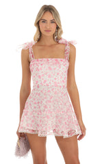 Shimmer Pink Floral Mini Dress in White