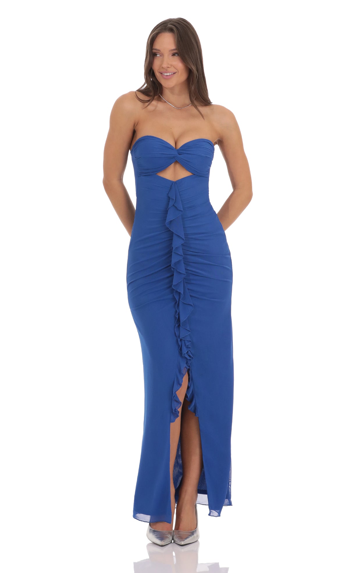 Mesh Cutout Ruffle Maxi Dress in Blue