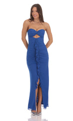 Mesh Cutout Ruffle Maxi Dress in Blue