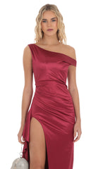 Satin Off Shoulder Maxi Dress in Maroon