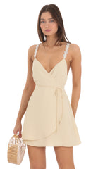 Embroidered Strap Wrap Dress in Yellow