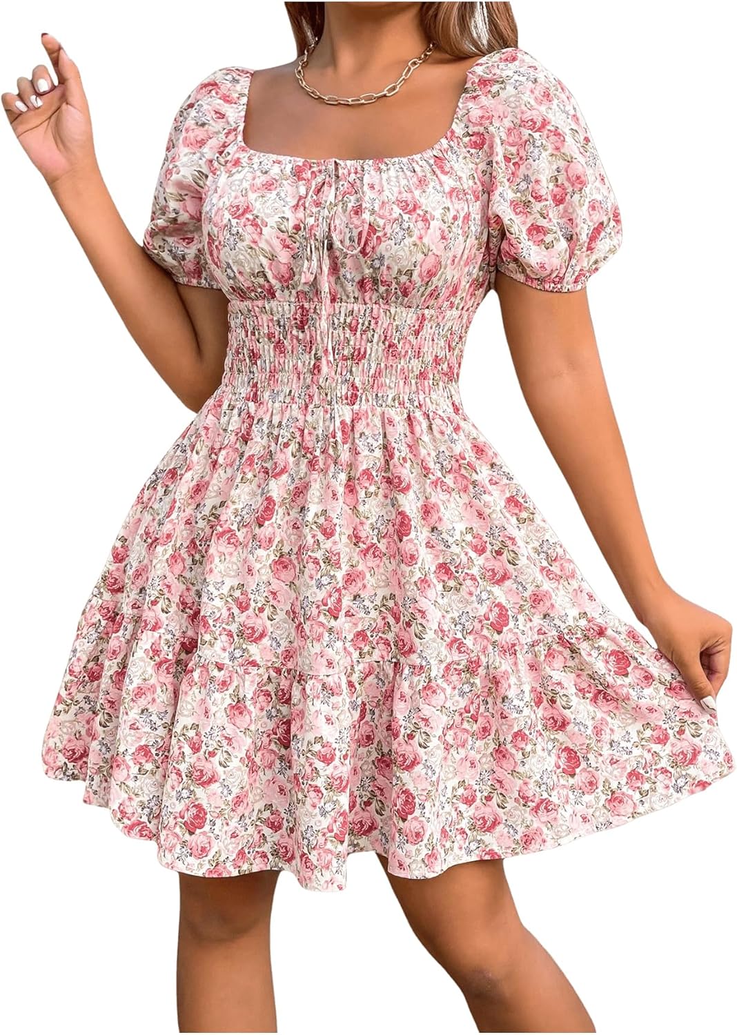 Floerns Women's Boho Square Neck Puff Short Sleeve Self Tie Front A Line Dress