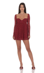 Lace Long Sleeve Babydoll Dress in Maroon