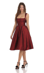 Square Neck Flare Midi Dress in Maroon